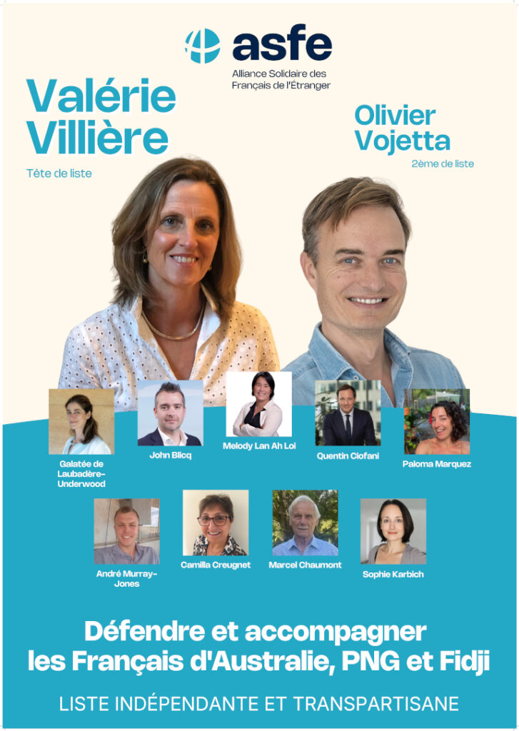 Affiche Valérie Villière, candidate tête de liste « ASFE – Défendre et accompagner les Français d’Australie, PNG et Fidji. »