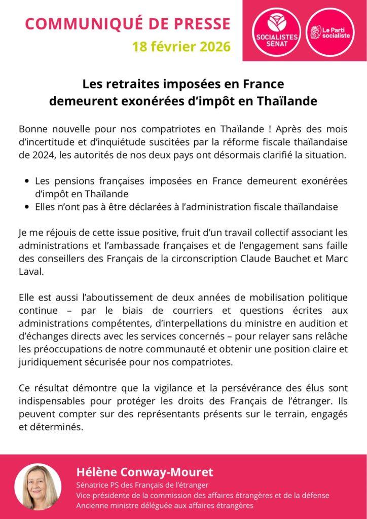 Communiqué de presse 18 février 2026 : Les retraites imposées en France demeurent exonérées d'impôt en Thaïlande