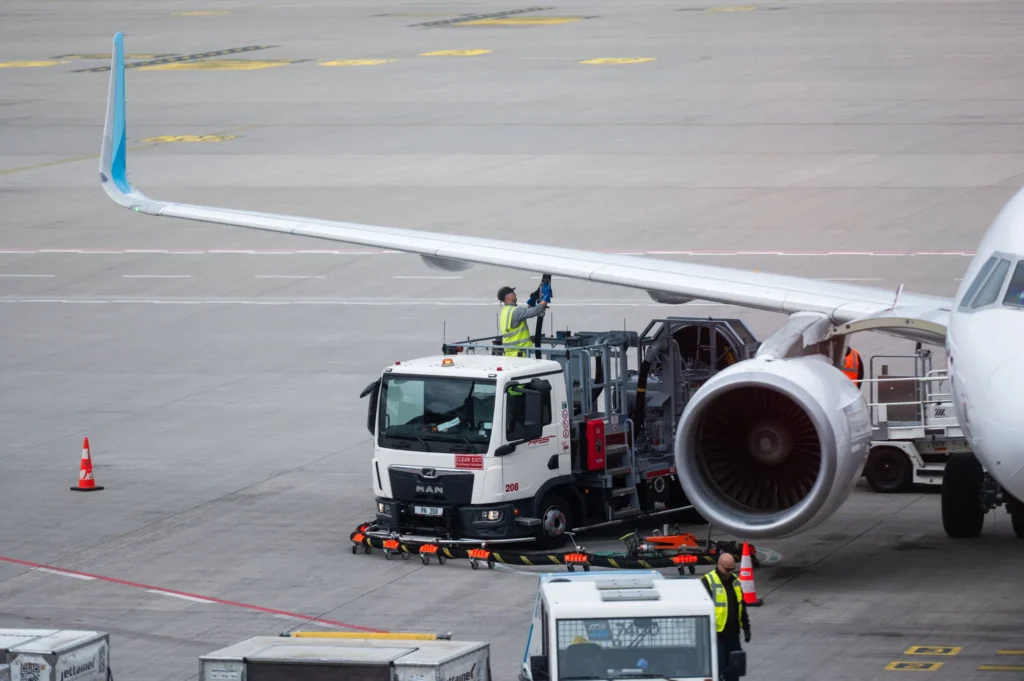 Un employé ravitaille un avion en kérosène à l'aéroport de Berlin.