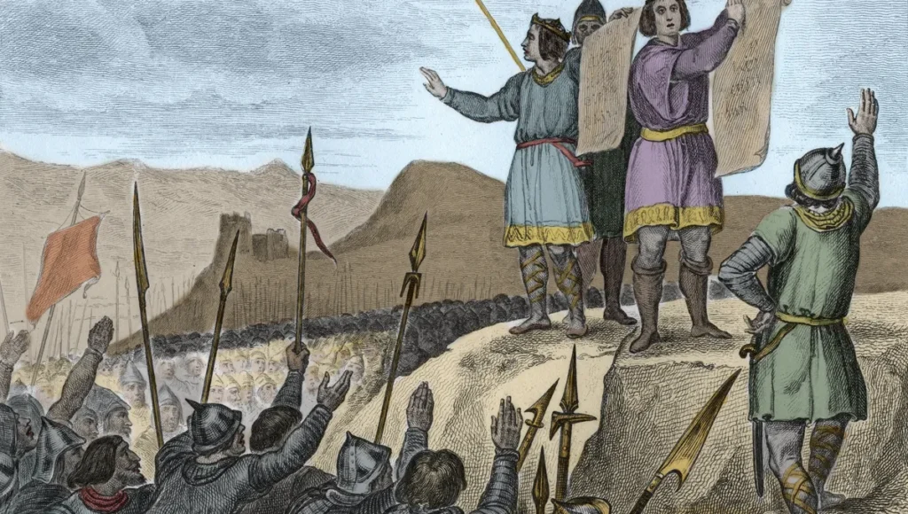 Proclamation des Serments de Strasbourg signés par Charles II, dit Charles le Chauve (823-877), roi de France et empereur d'Occident, et Louis le Germanique.
